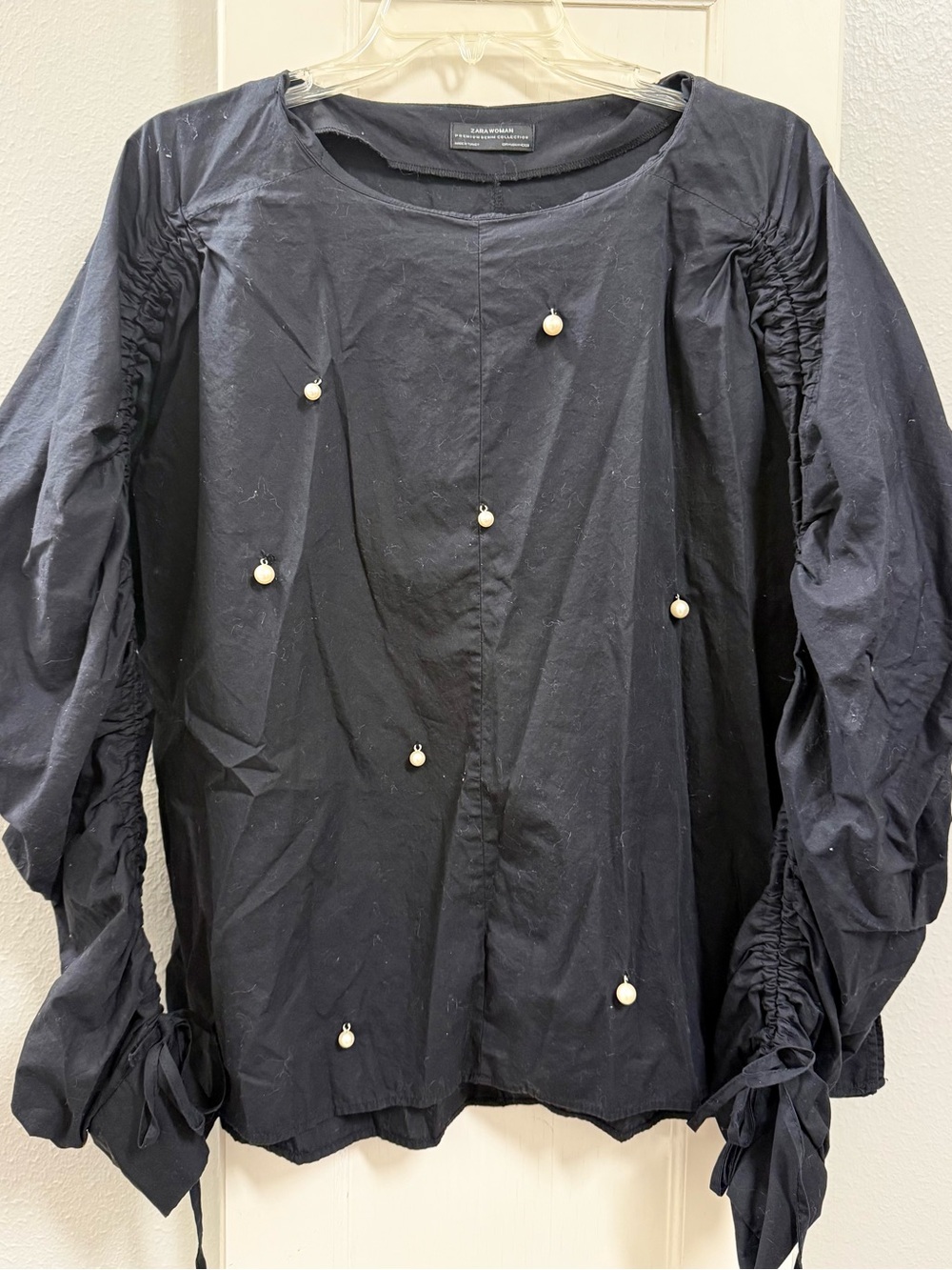 Zara Woman Denim Collection Black Pearl-Accent Ruched Sleeve Blouse